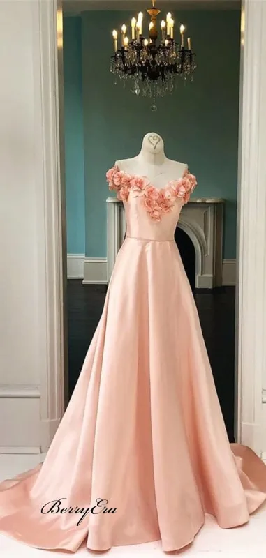 Gorgeous Baby Pink Handmade Flowers Prom Dresses, Cheap Prom Dresses