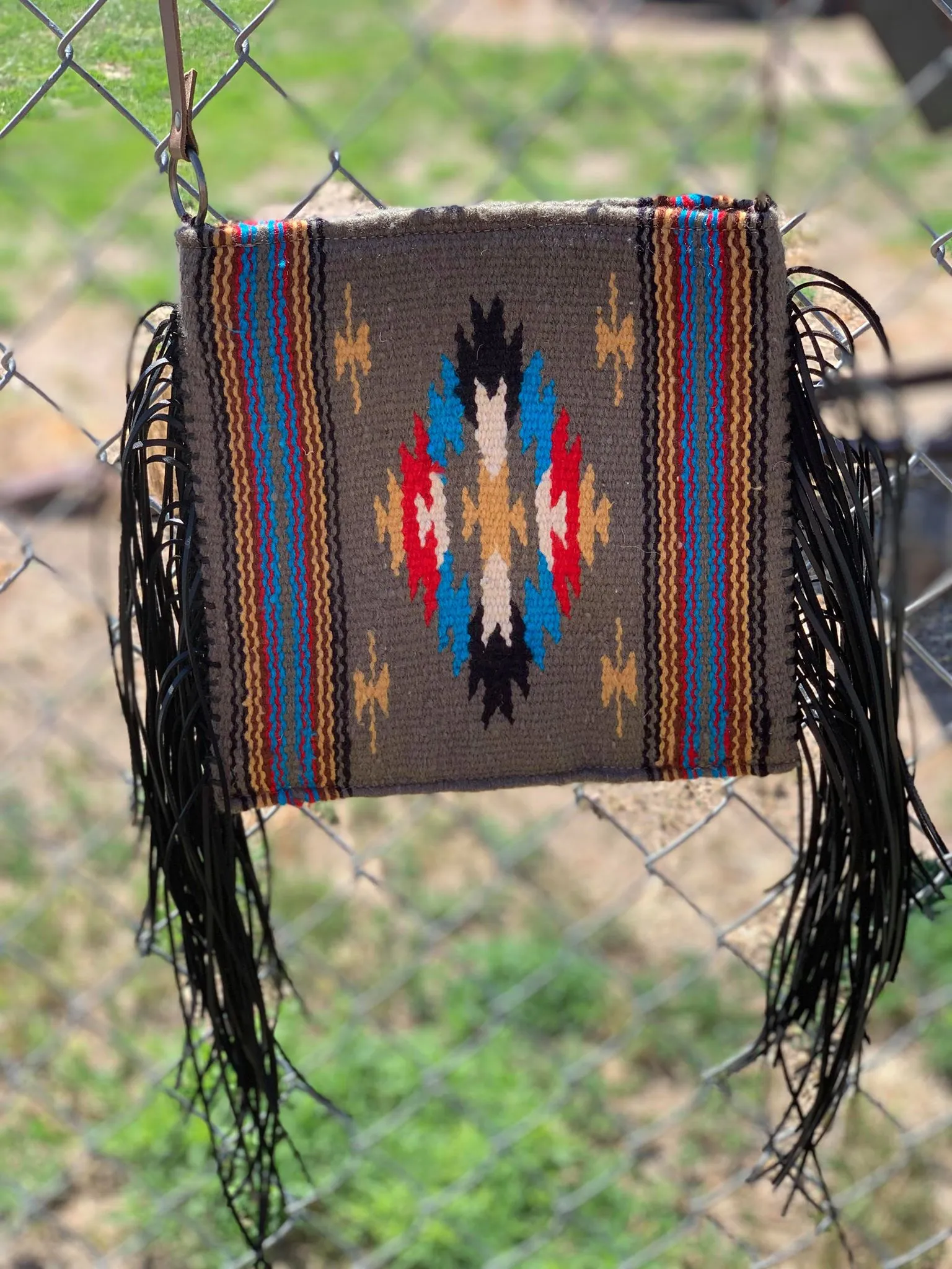 Grey Color Crossbody Fringe Saddleblanket Bag/Purse