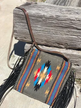 Grey Color Crossbody Fringe Saddleblanket Bag/Purse