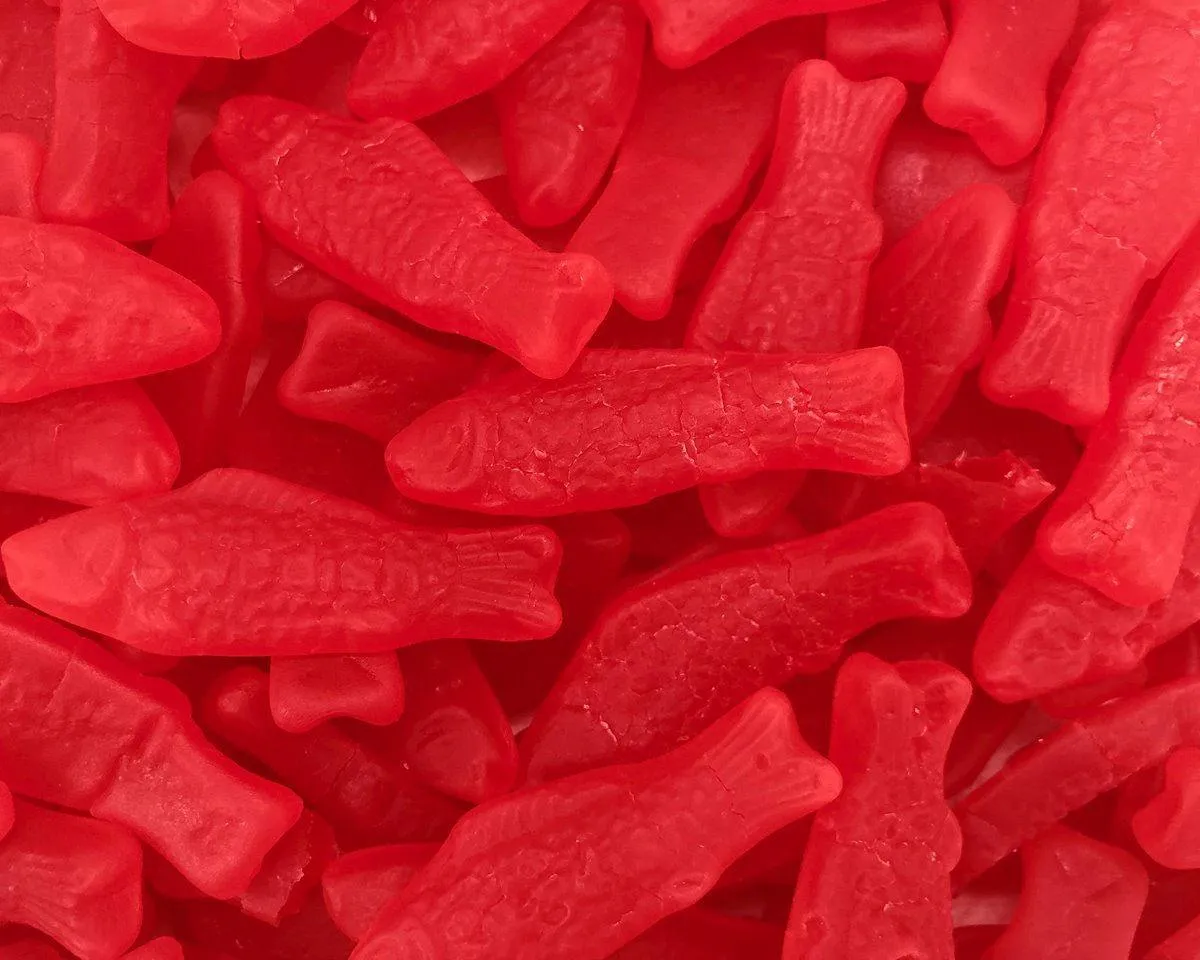 Hand Packed Large Red Swedish Fish 8 oz. Bags - 6 / Box