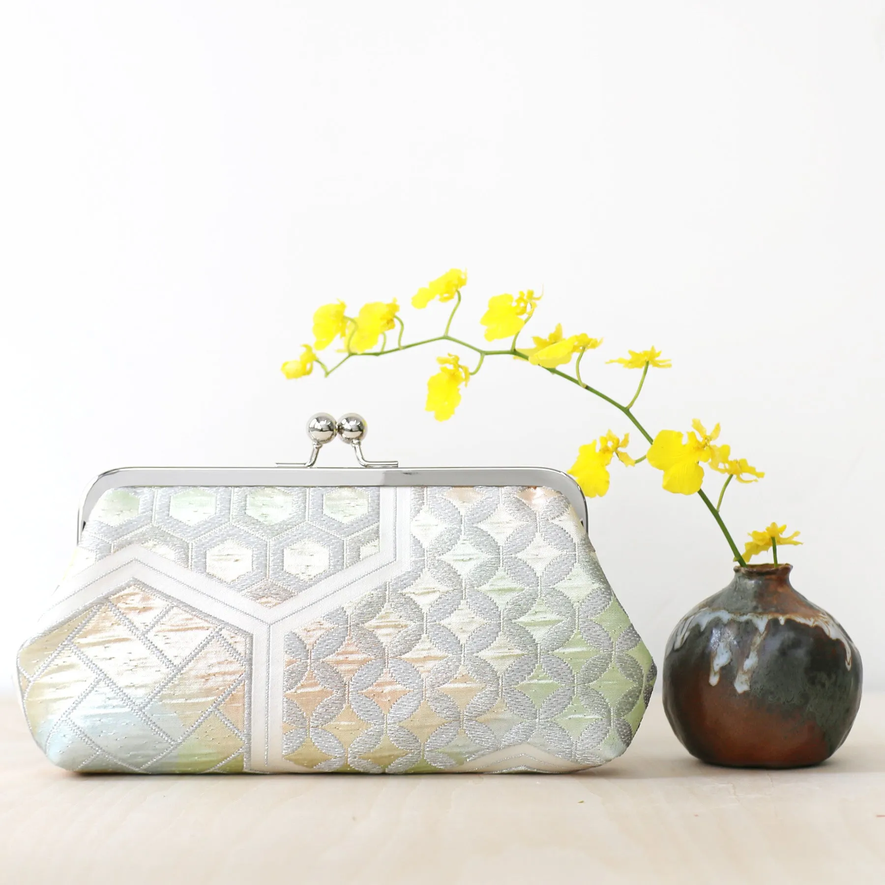 Japanese Kimono Clutch Bag in Bishamon in Silver and Green Obi