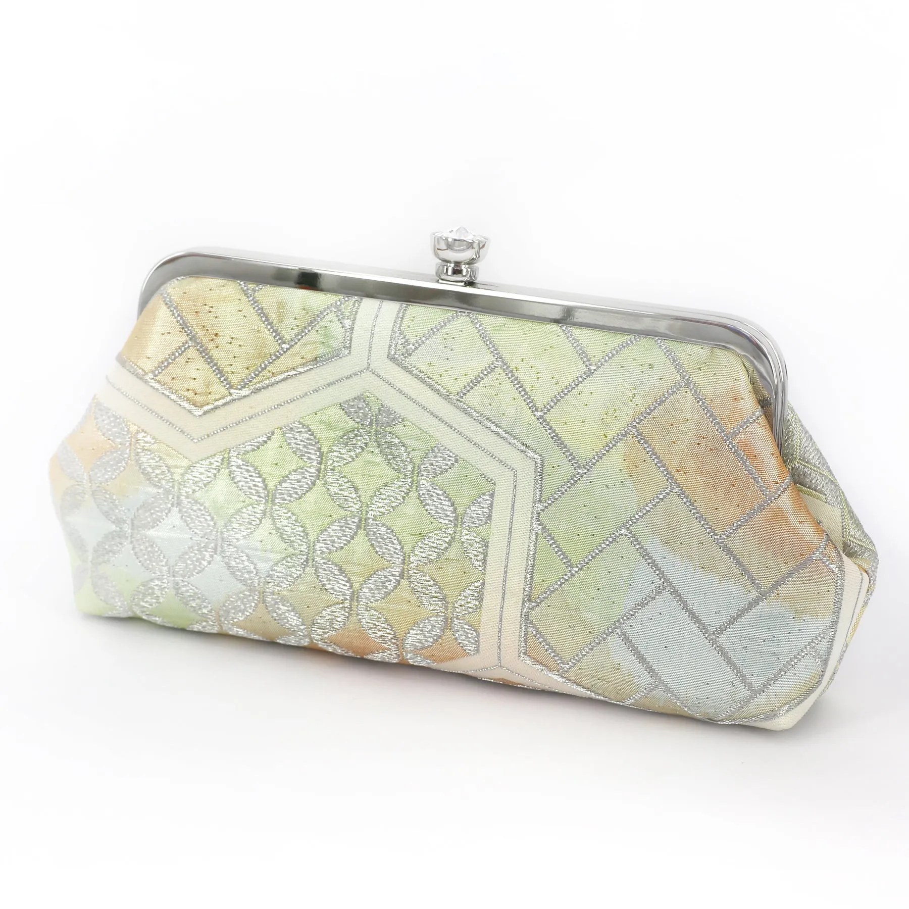 Japanese Kimono Clutch Bag in Bishamon in Silver and Green Obi