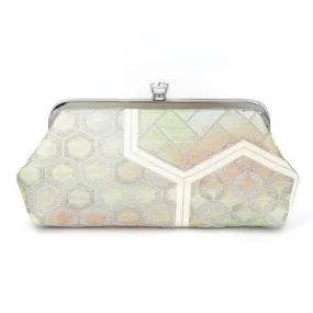 Japanese Kimono Clutch Bag in Bishamon in Silver and Green Obi