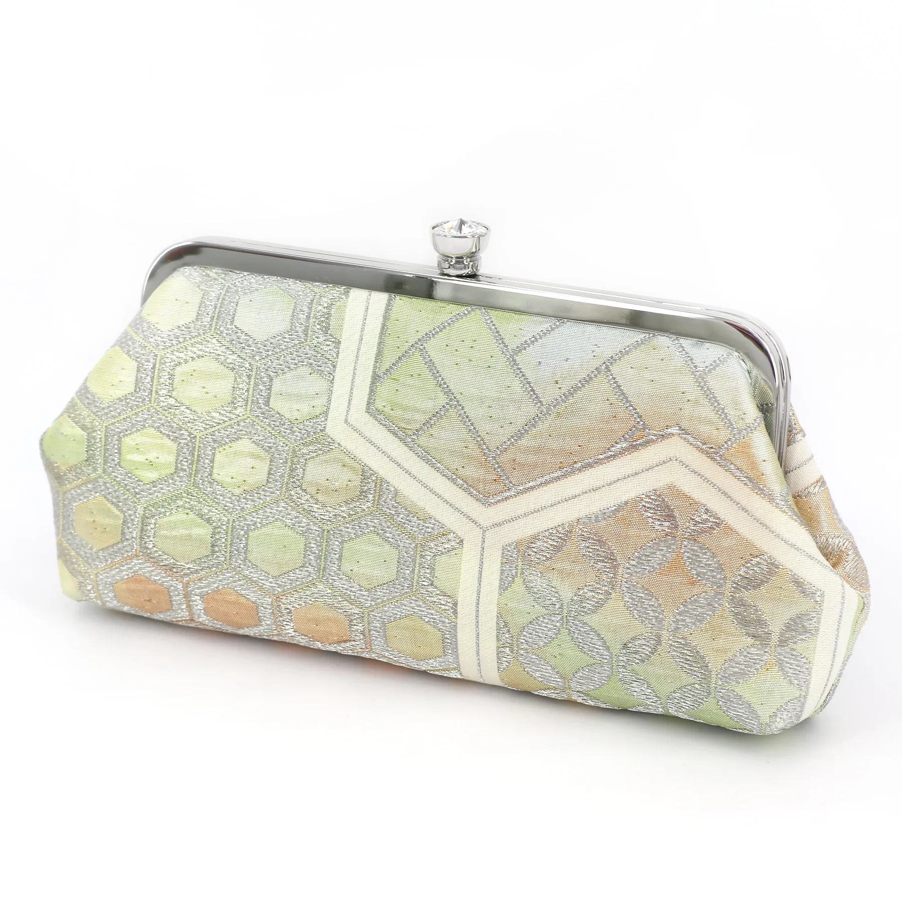 Japanese Kimono Clutch Bag in Bishamon in Silver and Green Obi