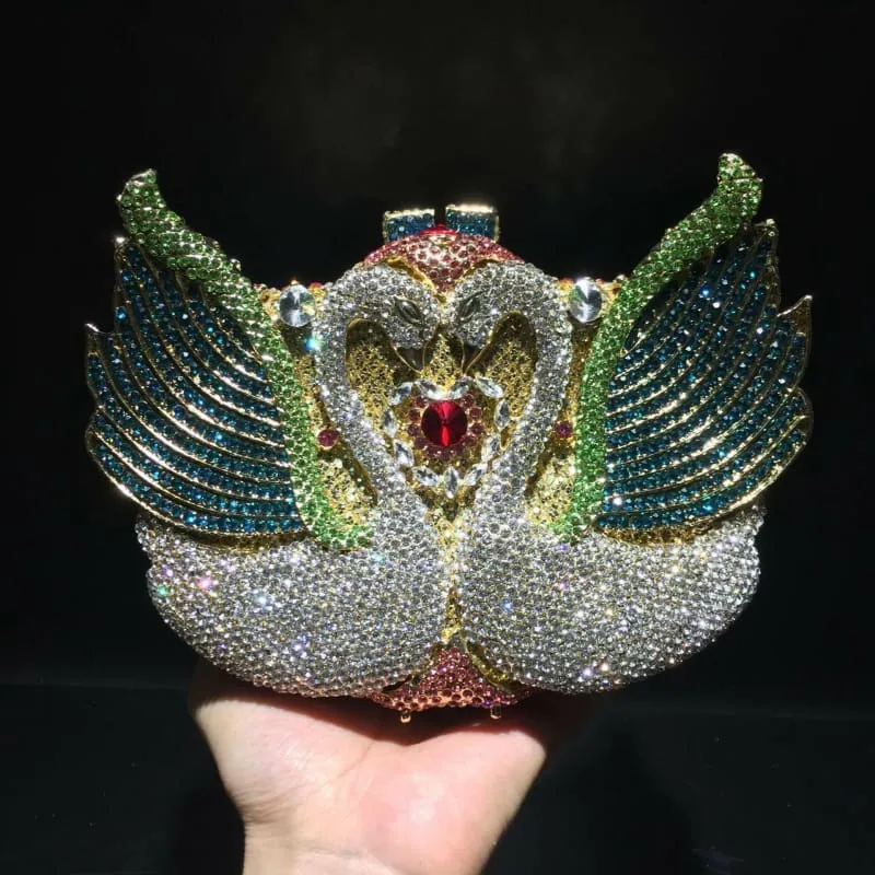 Kissing Swans Rhinestone Dinner Clutch Purse