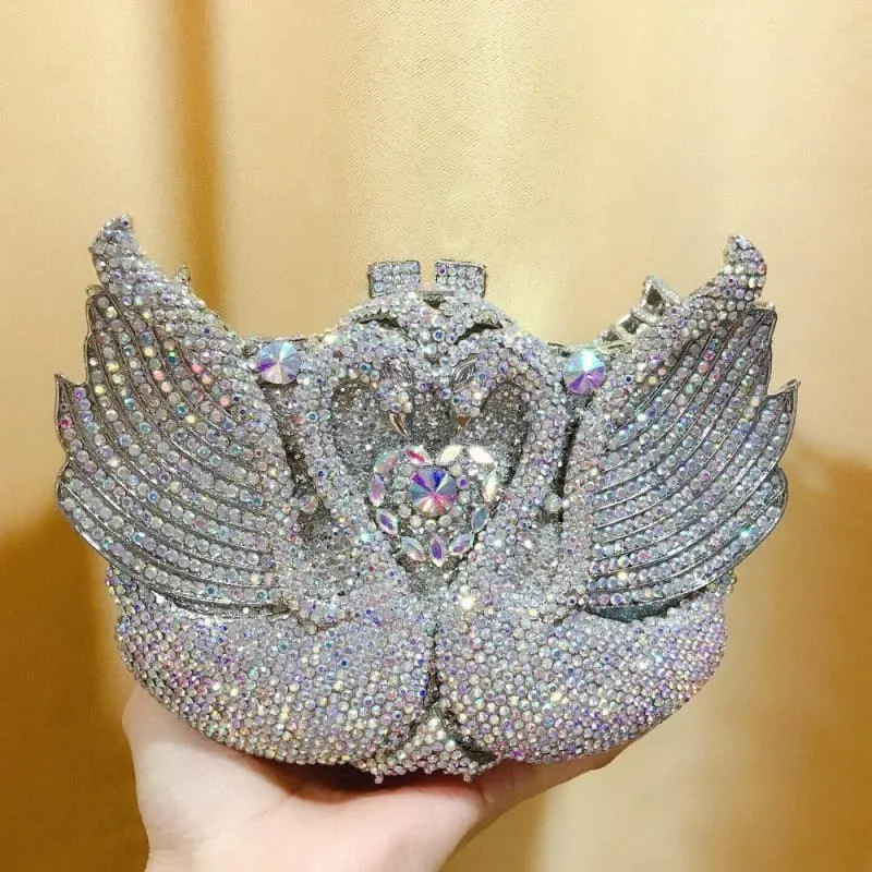 Kissing Swans Rhinestone Dinner Clutch Purse