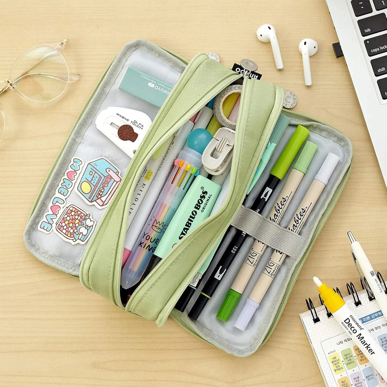 Large Capacity Pencil Case 3 Compartment Pouch Pen Bag for School Teen Girl Boy Men Women (Green)