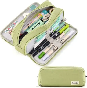 Large Capacity Pencil Case 3 Compartment Pouch Pen Bag for School Teen Girl Boy Men Women (Green)