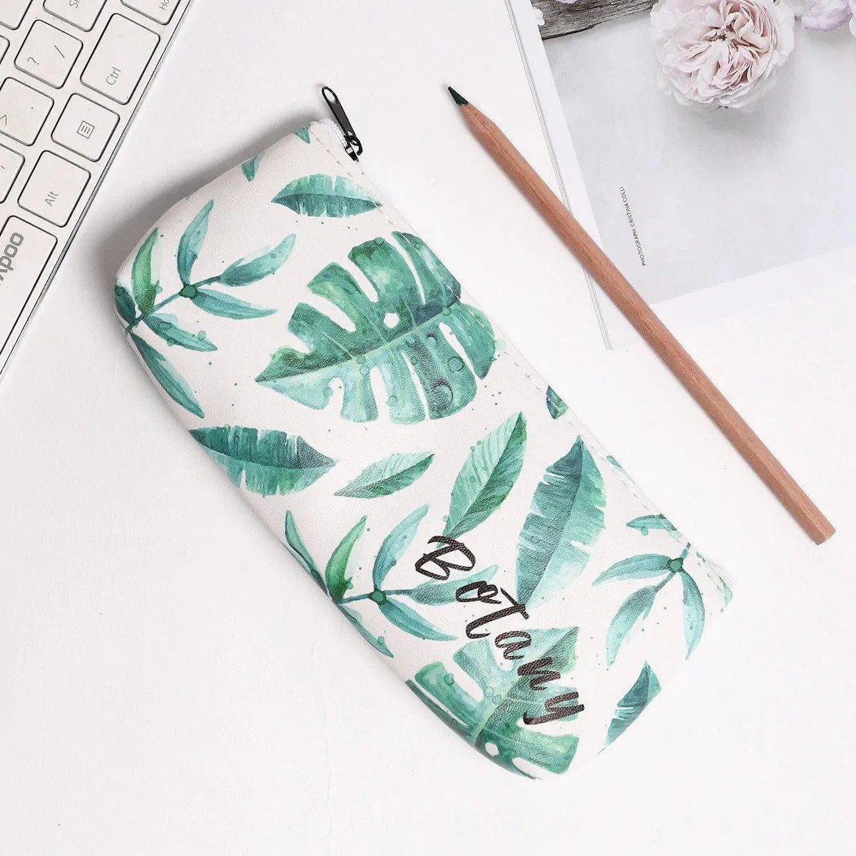 Leaf Print Pencil Case for Girls Cute PU Leather Pen Bag School Stationery Supplies