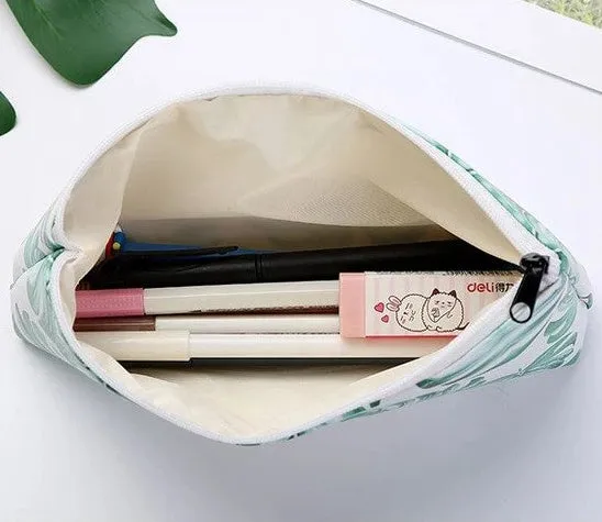 Leaf Print Pencil Case for Girls Cute PU Leather Pen Bag School Stationery Supplies