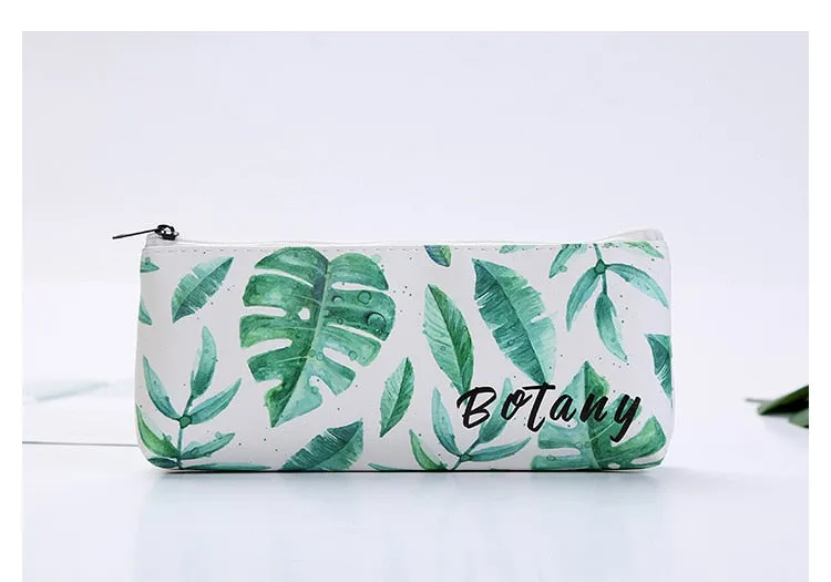 Leaf Print Pencil Case for Girls Cute PU Leather Pen Bag School Stationery Supplies