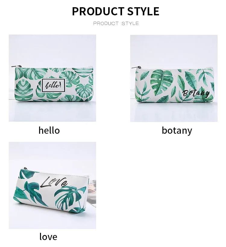 Leaf Print Pencil Case for Girls Cute PU Leather Pen Bag School Stationery Supplies