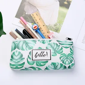 Leaf Print Pencil Case for Girls Cute PU Leather Pen Bag School Stationery Supplies