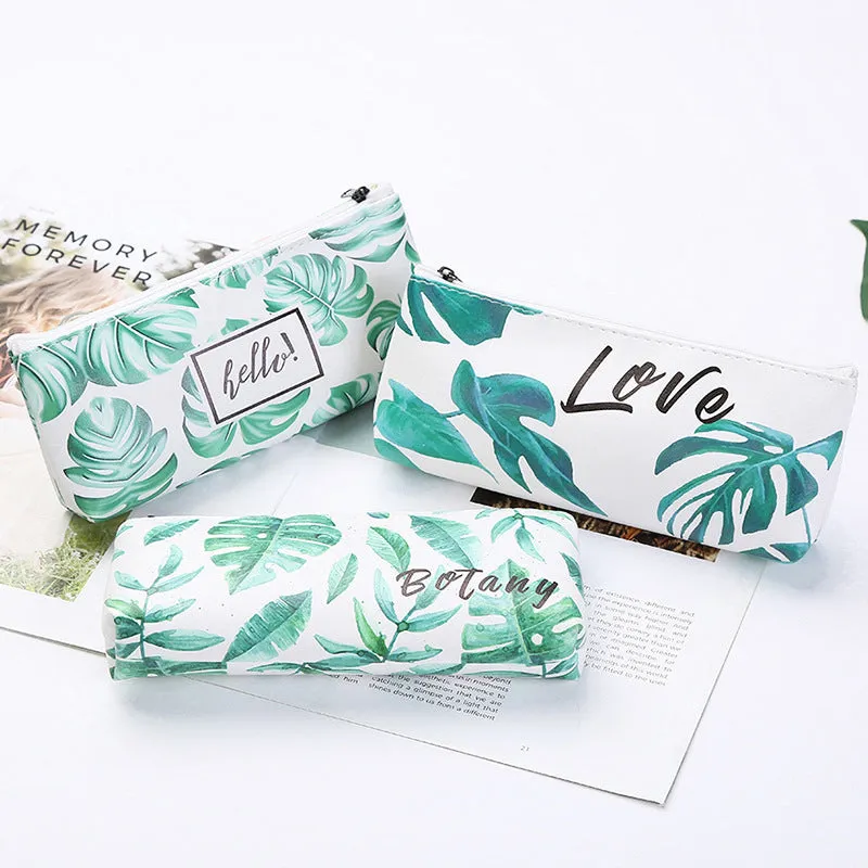 Leaf Print Pencil Case for Girls Cute PU Leather Pen Bag School Stationery Supplies