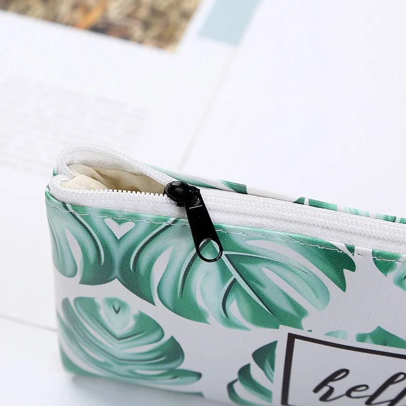 Leaf Print Pencil Case for Girls Cute PU Leather Pen Bag School Stationery Supplies