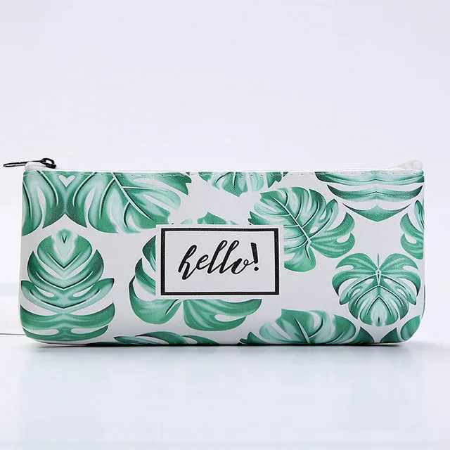 Leaf Print Pencil Case for Girls Cute PU Leather Pen Bag School Stationery Supplies