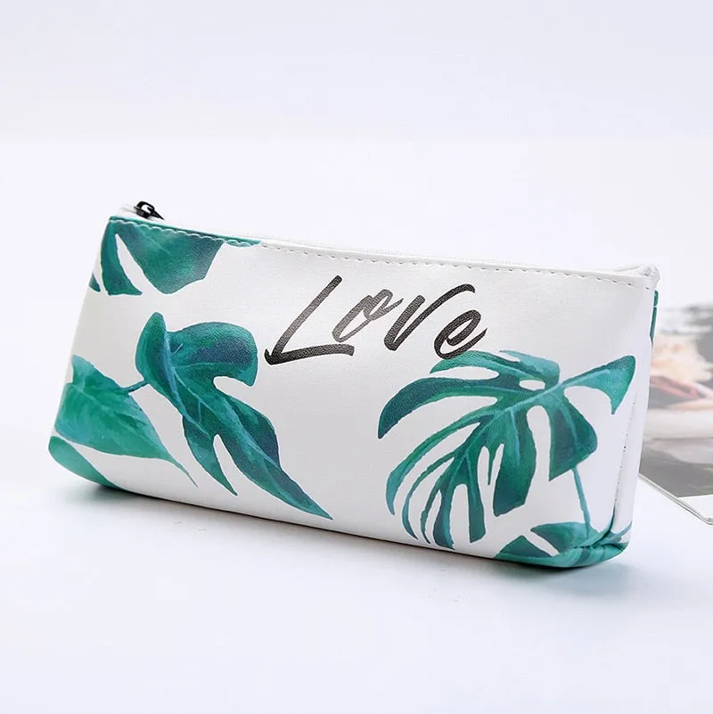 Leaf Print Pencil Case for Girls Cute PU Leather Pen Bag School Stationery Supplies