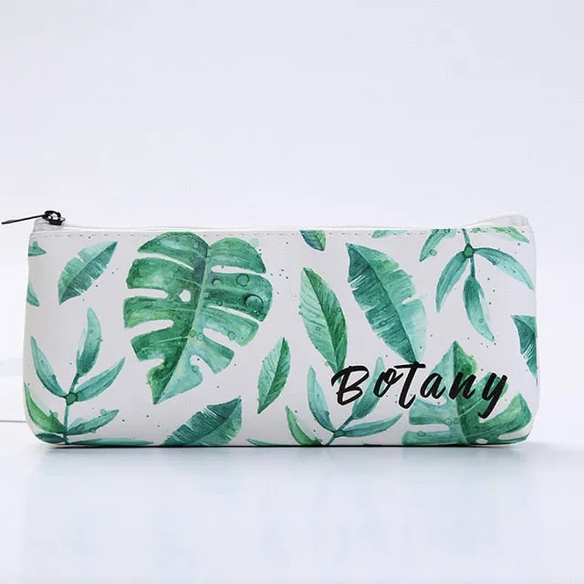 Leaf Print Pencil Case for Girls Cute PU Leather Pen Bag School Stationery Supplies