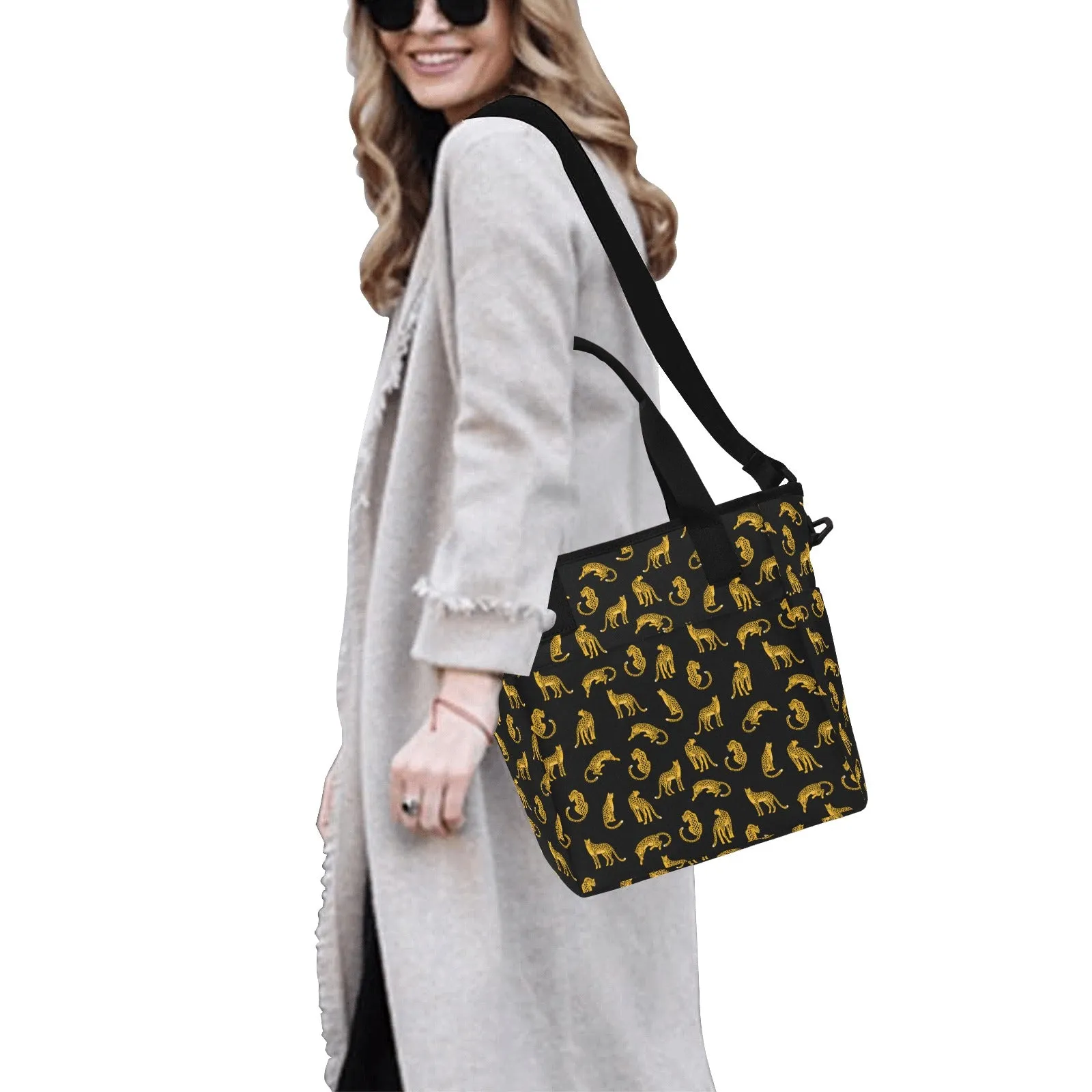 Leopard Canvas Tote Bag with Shoulder Strap, Animal Print Black Beach Summer Aesthetic Shopping Reusable Bag with Pockets