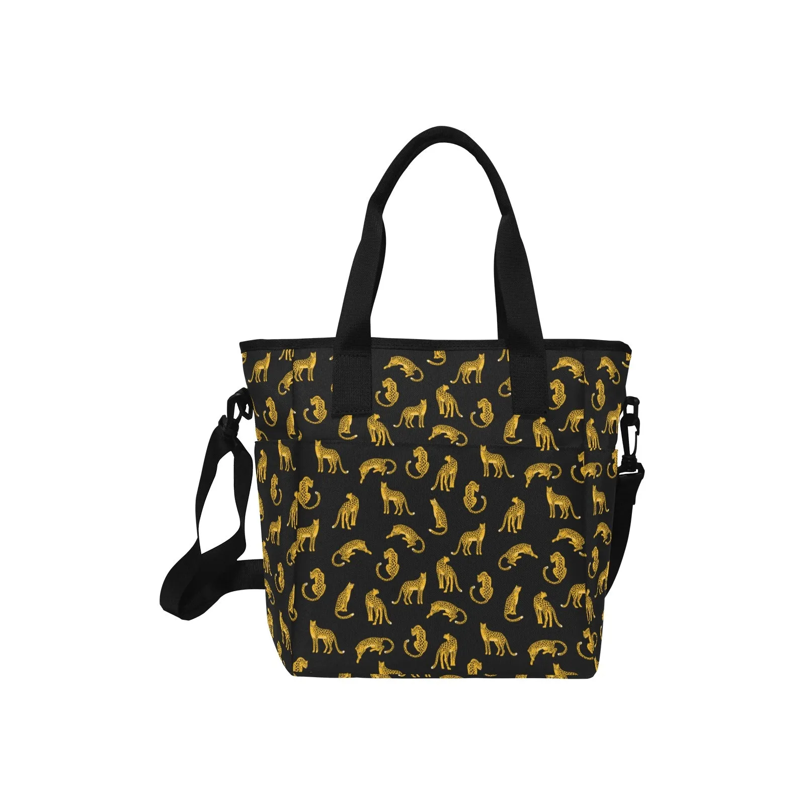 Leopard Canvas Tote Bag with Shoulder Strap, Animal Print Black Beach Summer Aesthetic Shopping Reusable Bag with Pockets