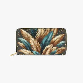 Long Type Zipper Purse, Green and Gold Leaves, awd-1308