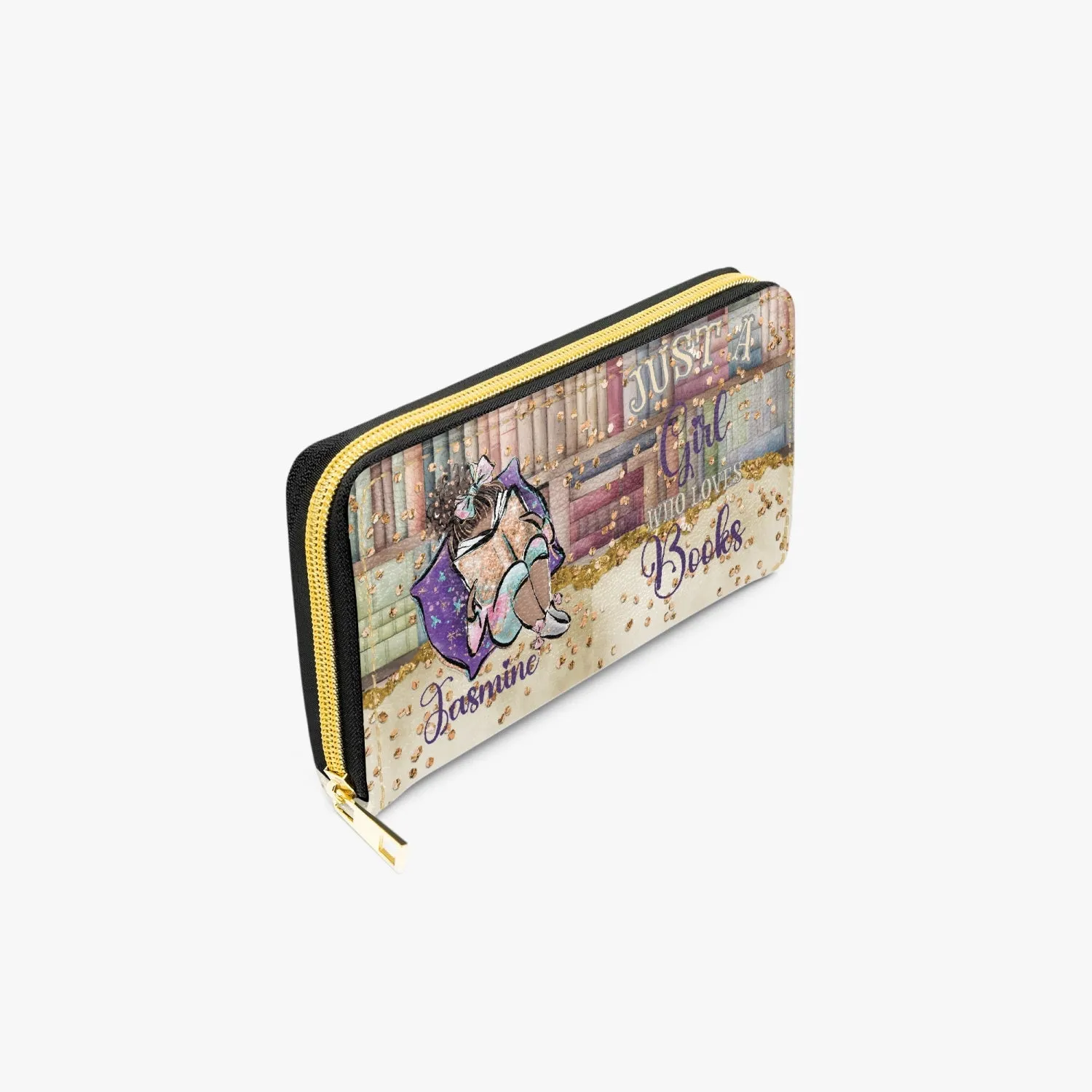 Long Type Zipper Purse, Just a Girl Who Loves Books, Brunette Hair Olive Skin