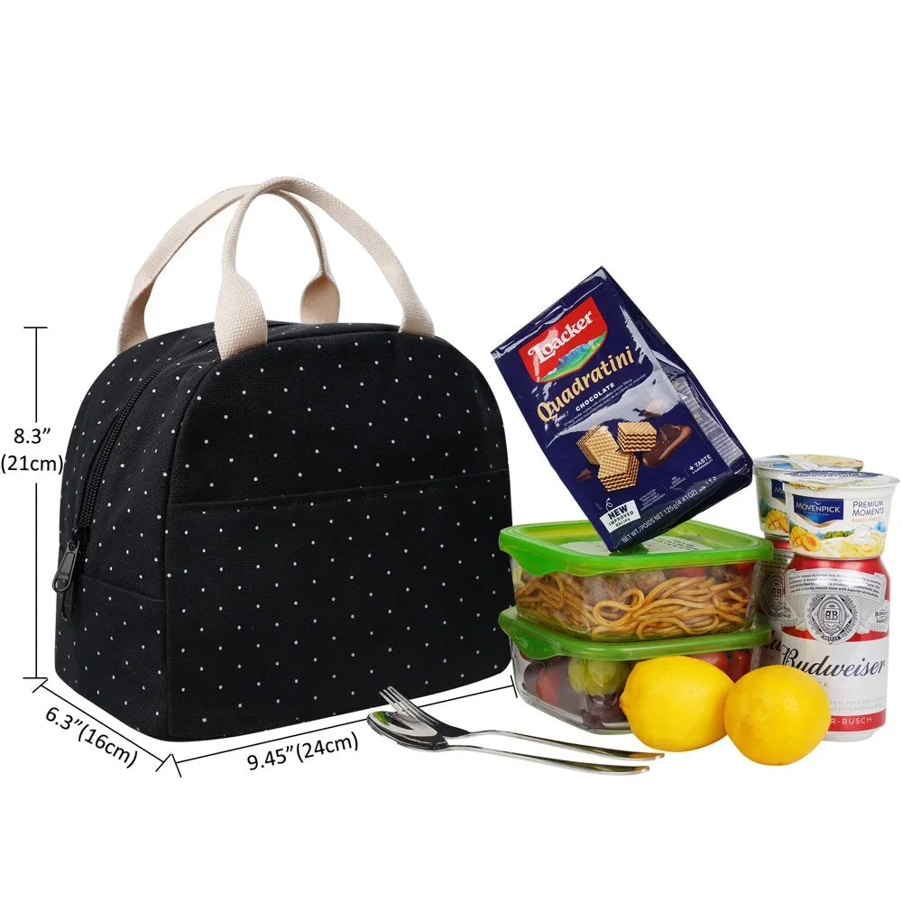 Lunch Bag for Girls, Reusable Insulated Tote Lunch Box for Women, Cooler & Thermal Lunch Bag for Work/ School/ Picnic/ Beach/ Fishing-Black Polka Dot