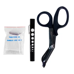 MediTac Titanium Bonded Bandage Shears, Disposable Black Pen Light, & CPR Barrier With One Way Valve