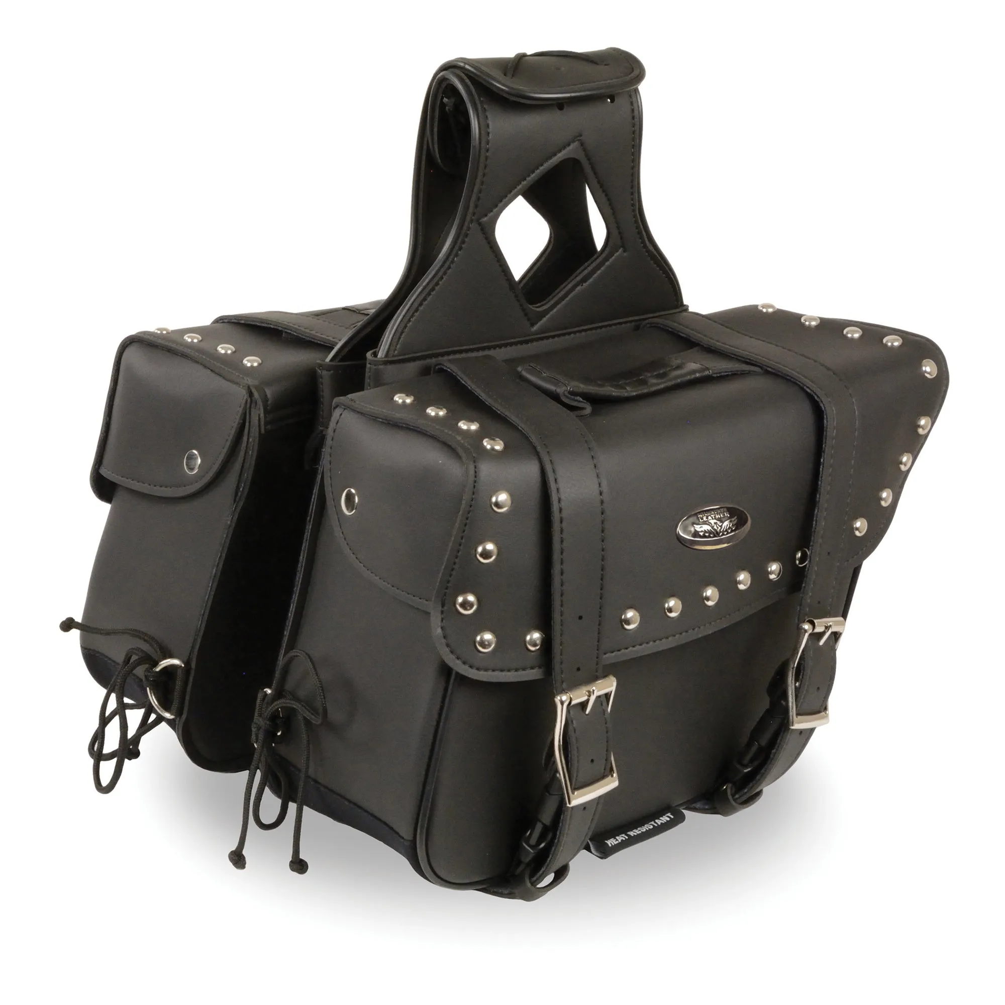 Medium Zip-Off PVC Slanted Throw Over Studded Saddle Bag(12X9X5X18)