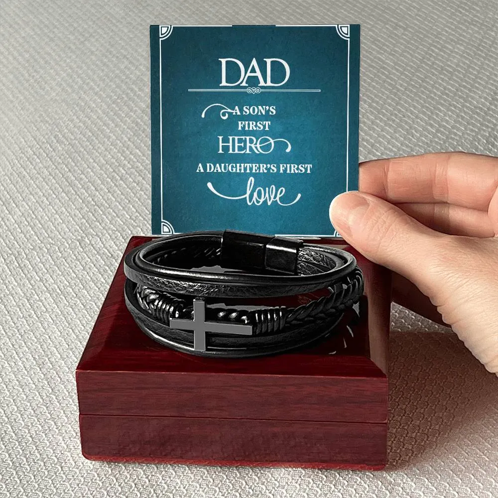 Men's Cross Leather Bracelet, Dad a sons first Hero