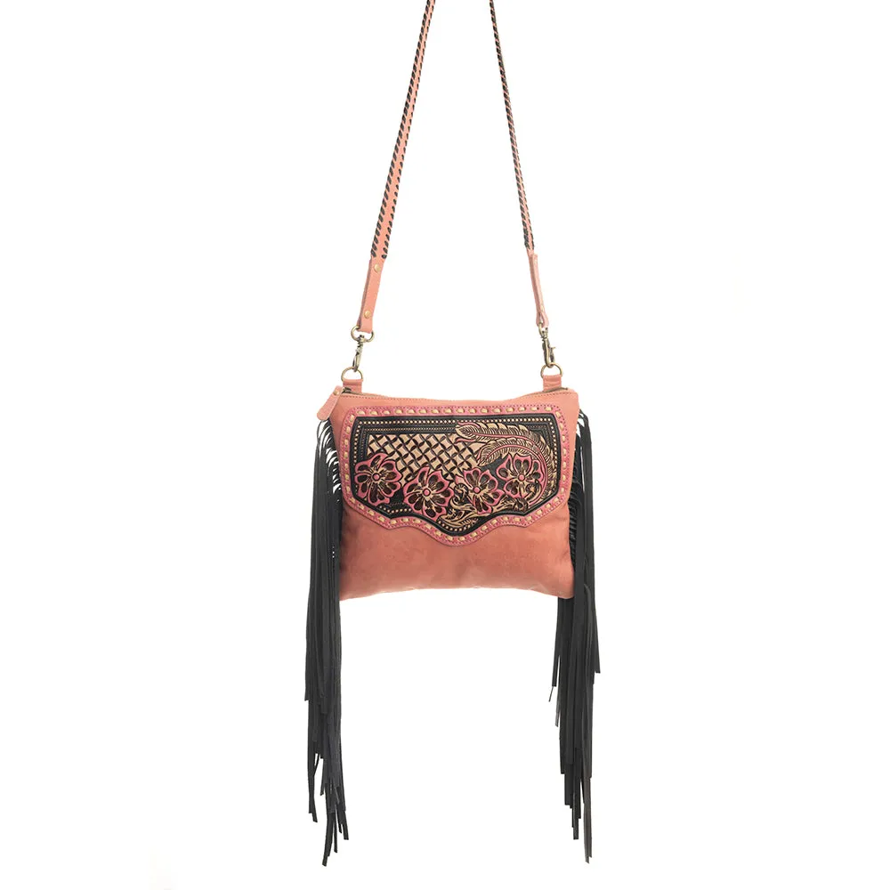 Millstone Fringed Hand-Tooled Bag in Pink