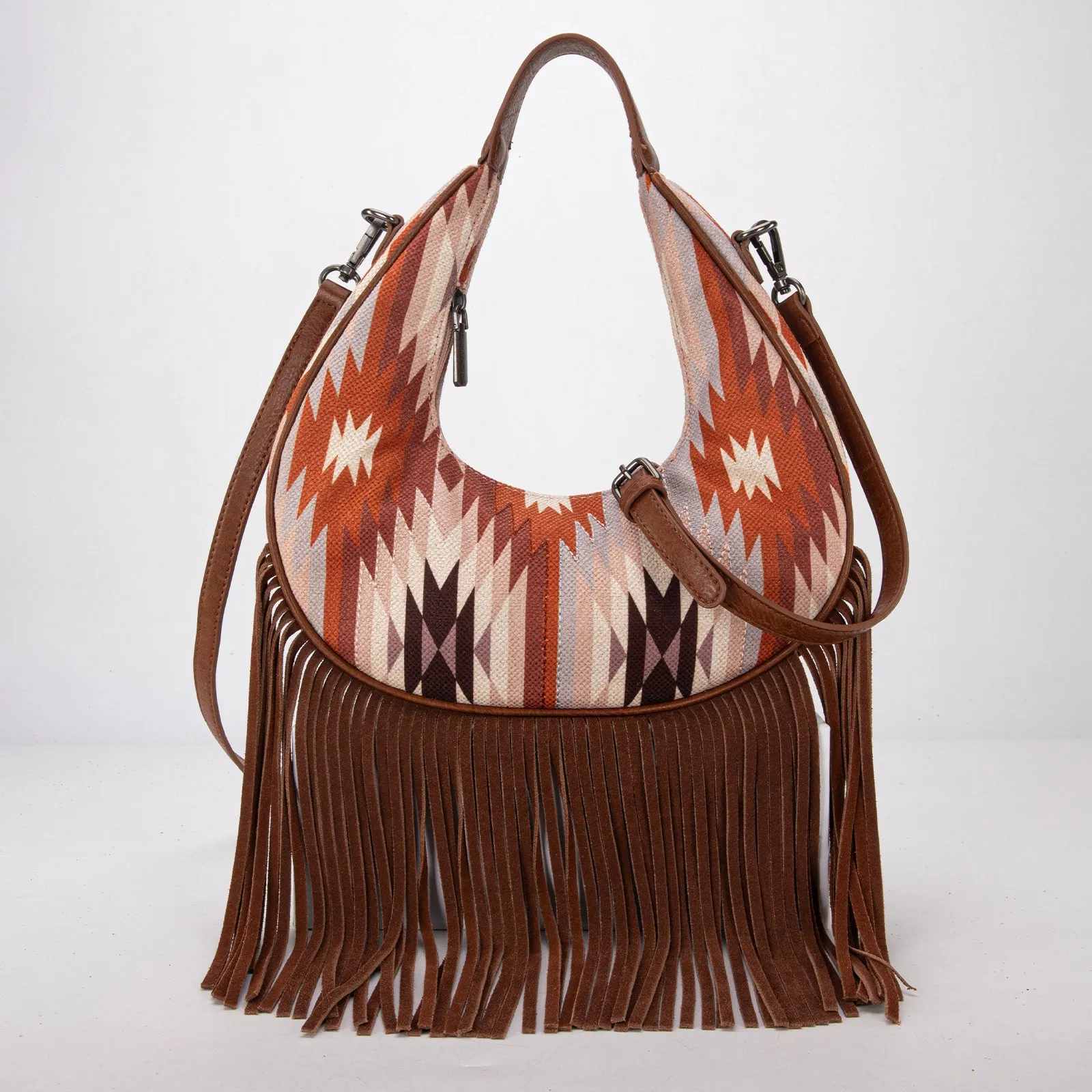 MW1285-8366  Montana West Aztec Fringe Crescent Crossbody Bag - Brown