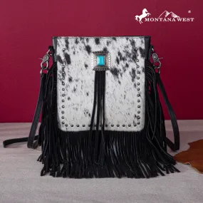 MWR-063 Montana West Genuine Leather Hair-On Cowhide Fringe Bohemian Crossbody - Black