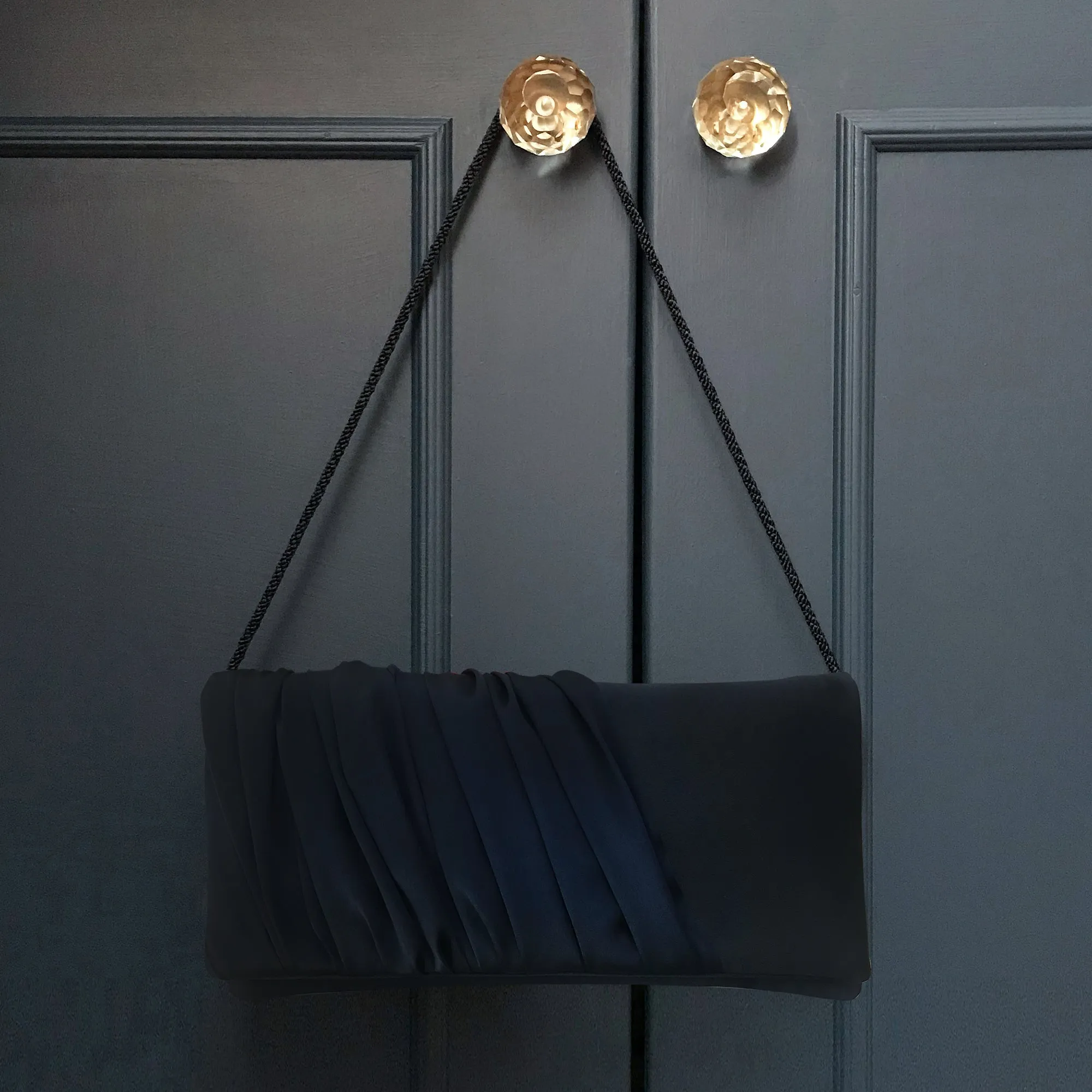 Navy ruched satin clutch handbag ELLA