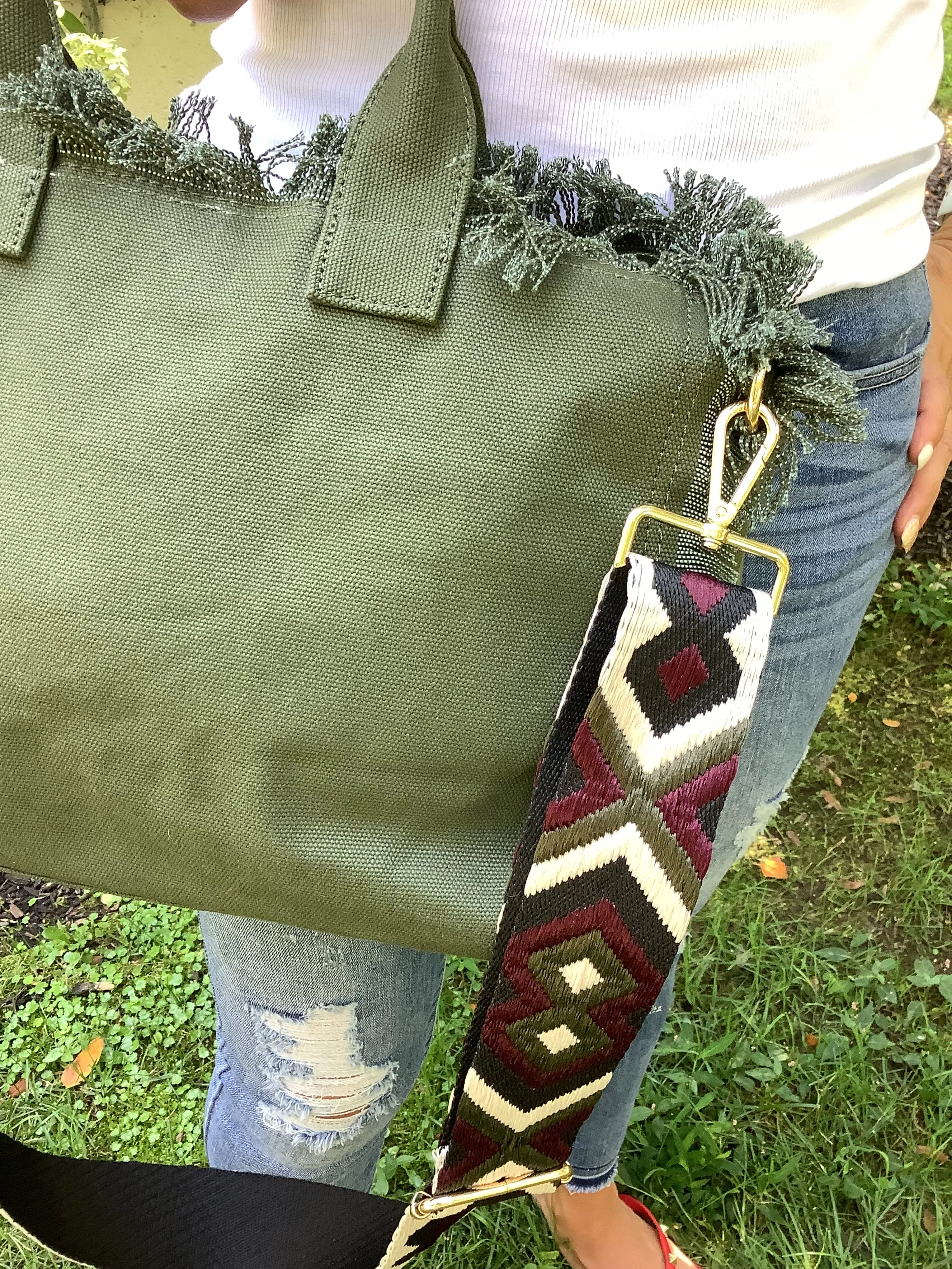 Olive Small Fringe Canvas Tote With Abstract Strap