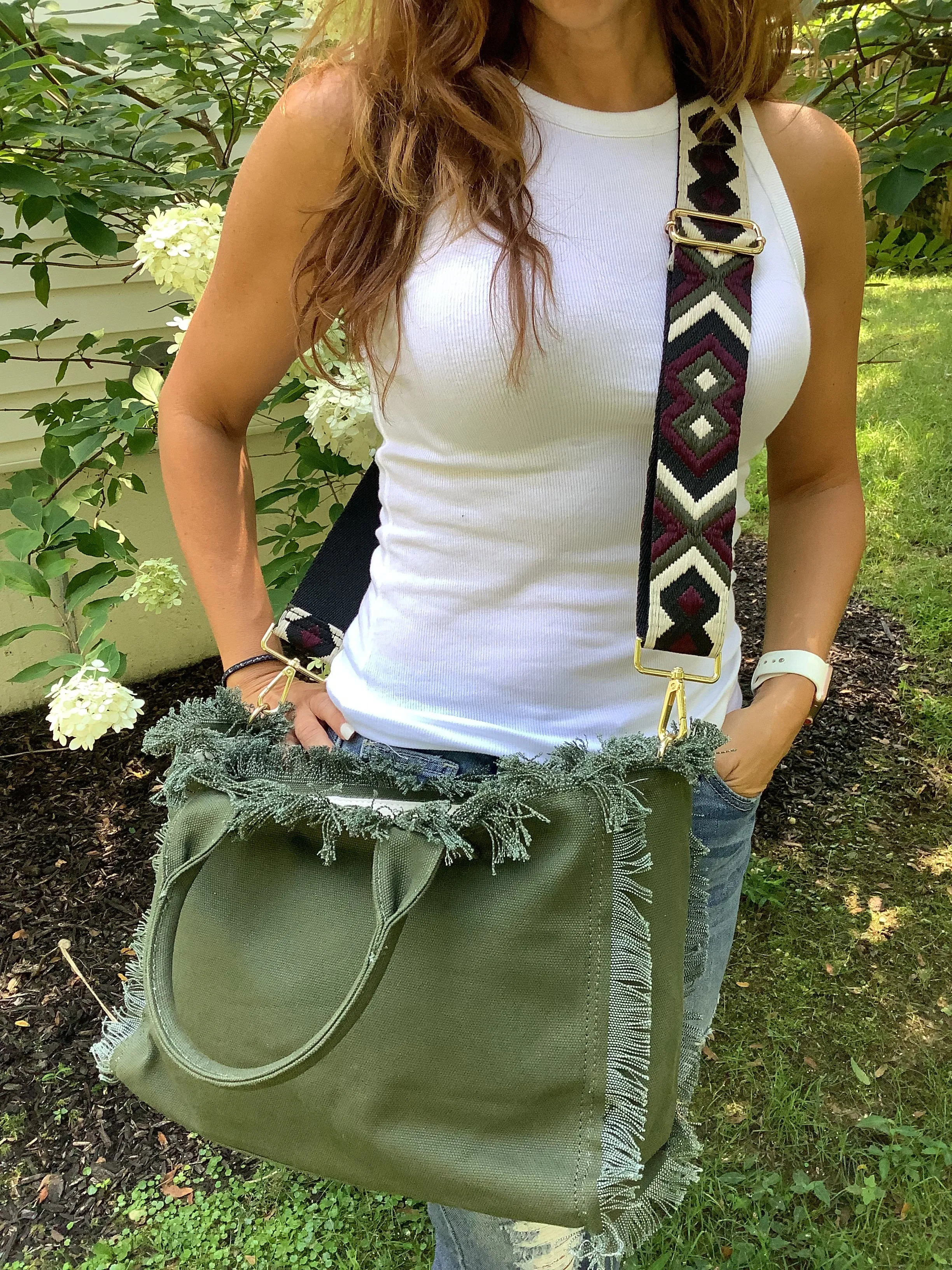 Olive Small Fringe Canvas Tote With Abstract Strap