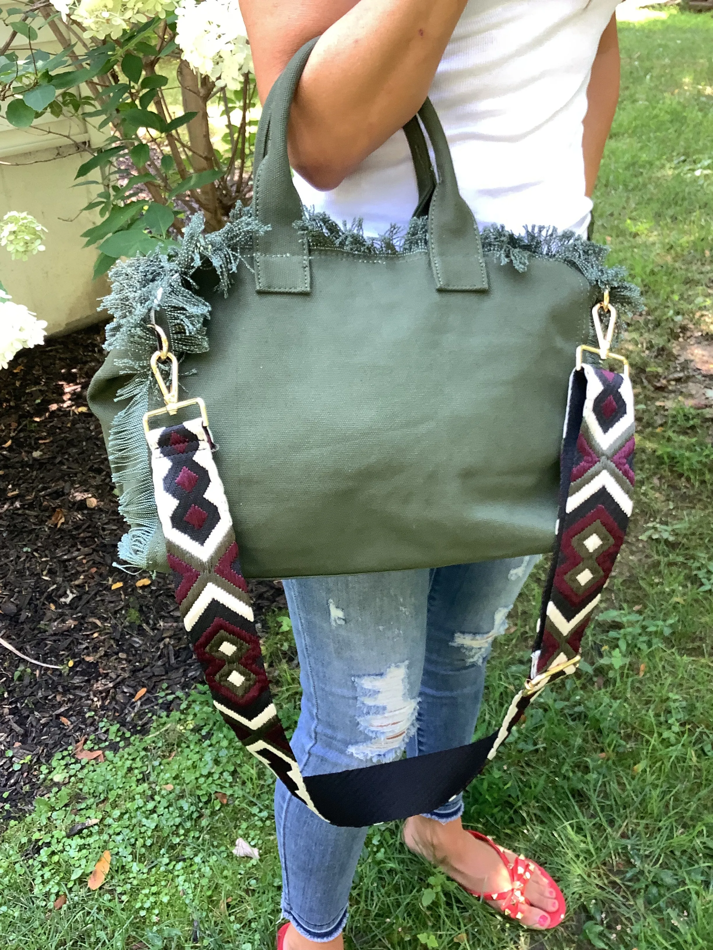 Olive Small Fringe Canvas Tote With Abstract Strap