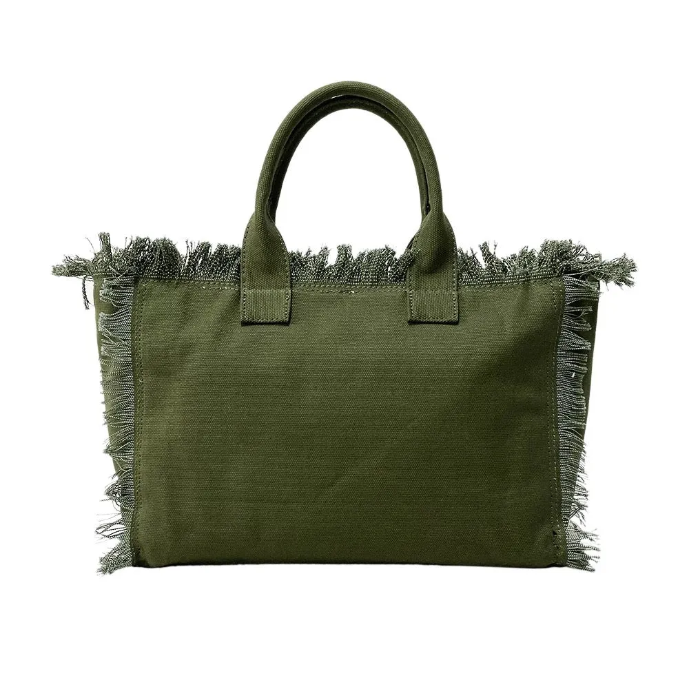 Olive Small Fringe Canvas Tote With Abstract Strap