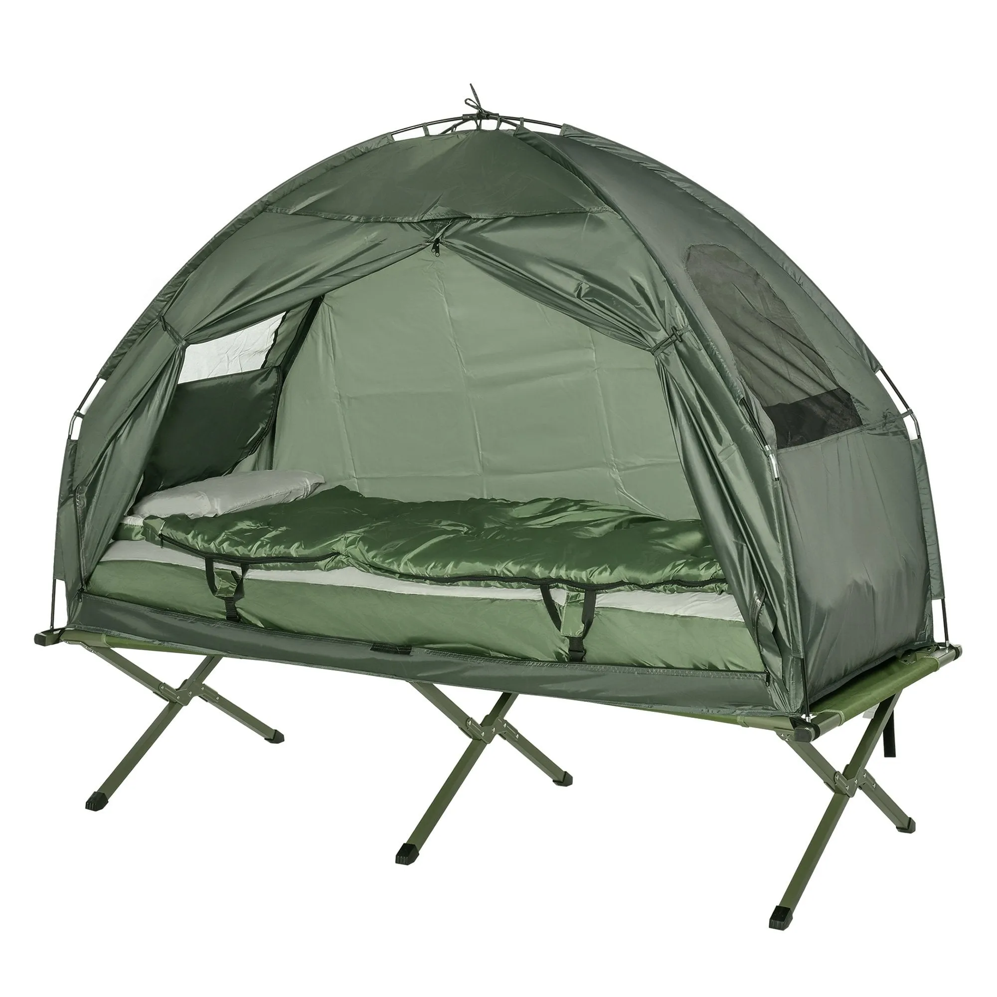 Outsunny Sleeping Bag Tent 1 person Foldable Camping Air Mattress Outdoor Hiking Picnic Bed cot Foot Pump Camp Army Green