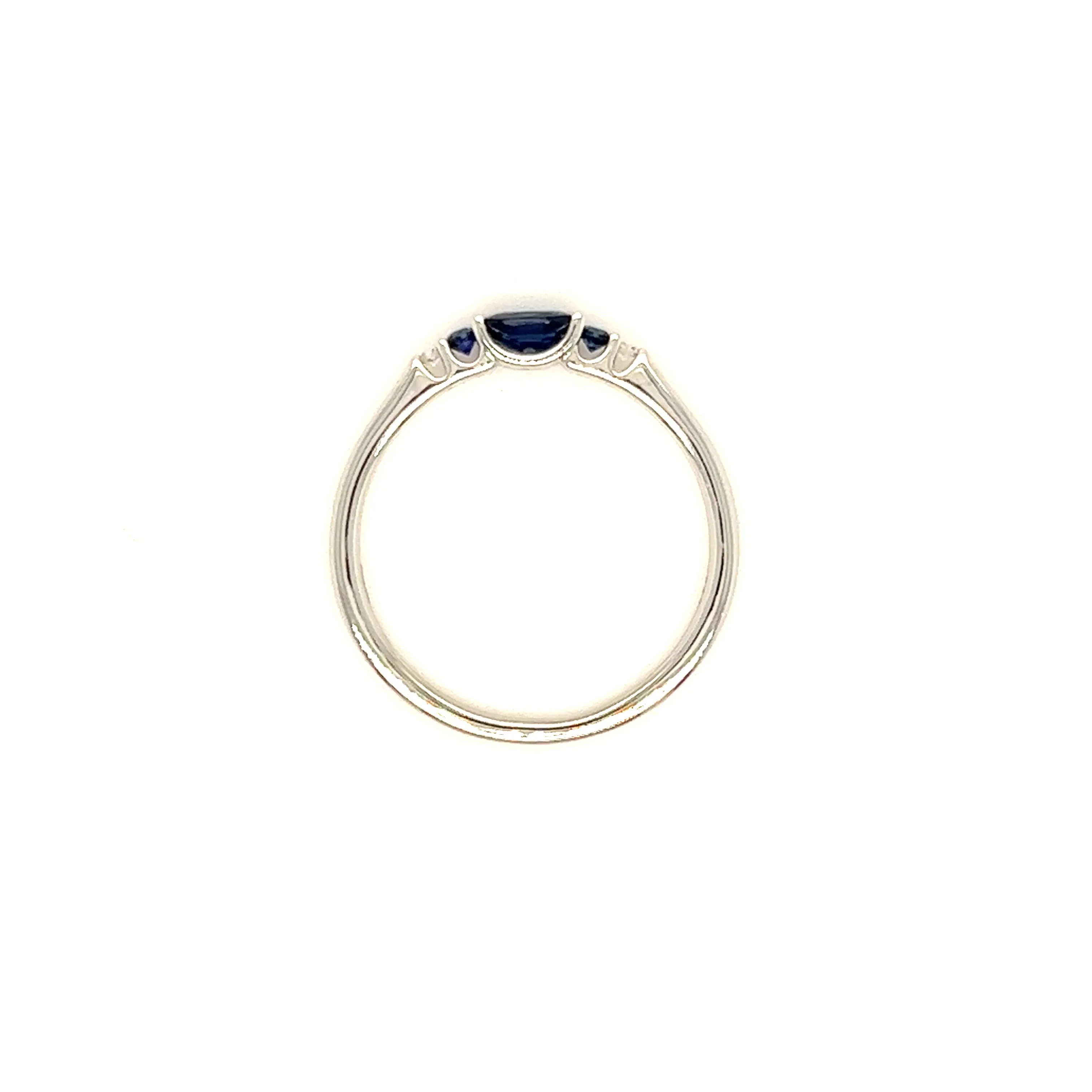 Oval Sapphire Ring with Two Side Sapphires and Diamonds in 14K White Gold