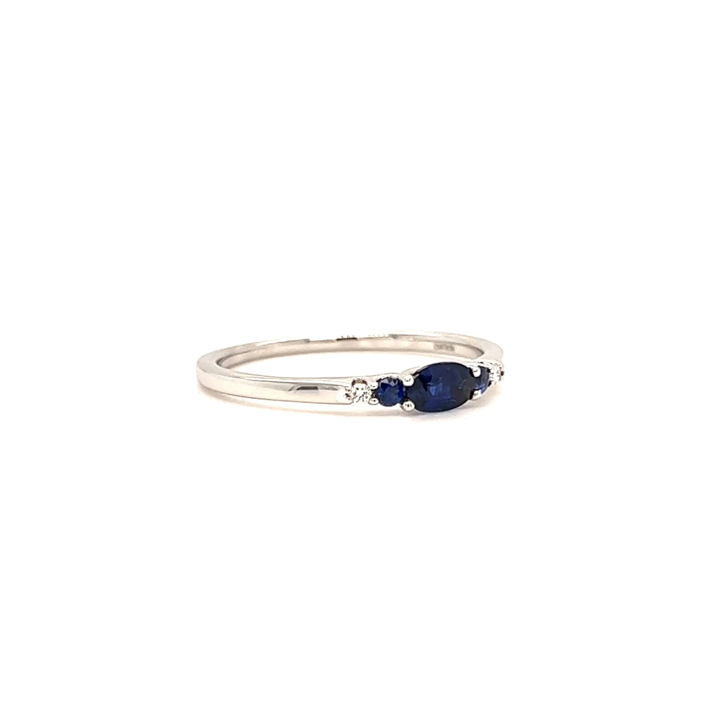 Oval Sapphire Ring with Two Side Sapphires and Diamonds in 14K White Gold