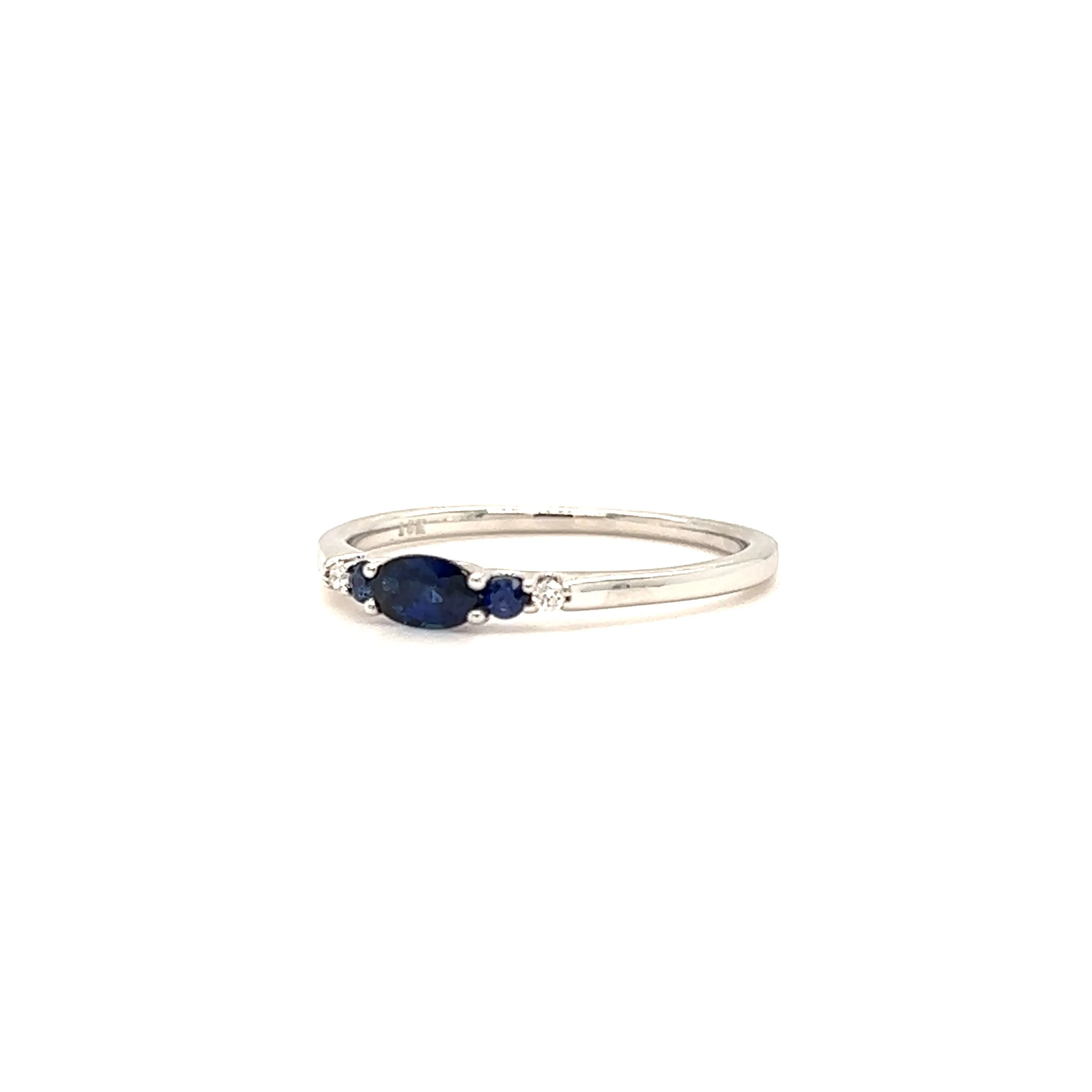 Oval Sapphire Ring with Two Side Sapphires and Diamonds in 14K White Gold