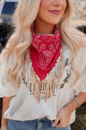 Paisley Print Bling Fringe Bandana - Red/Sequin