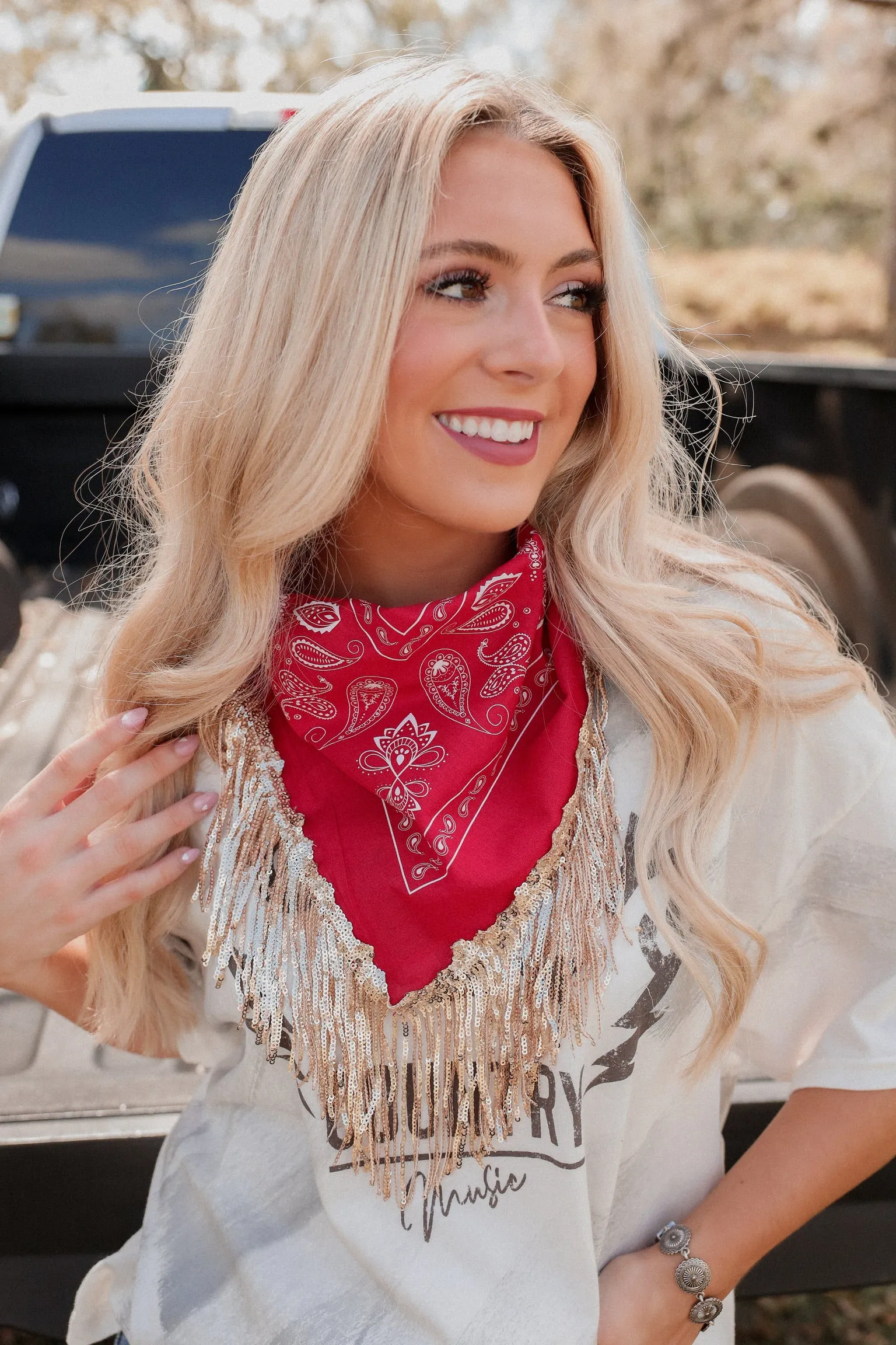 Paisley Print Bling Fringe Bandana - Red/Sequin