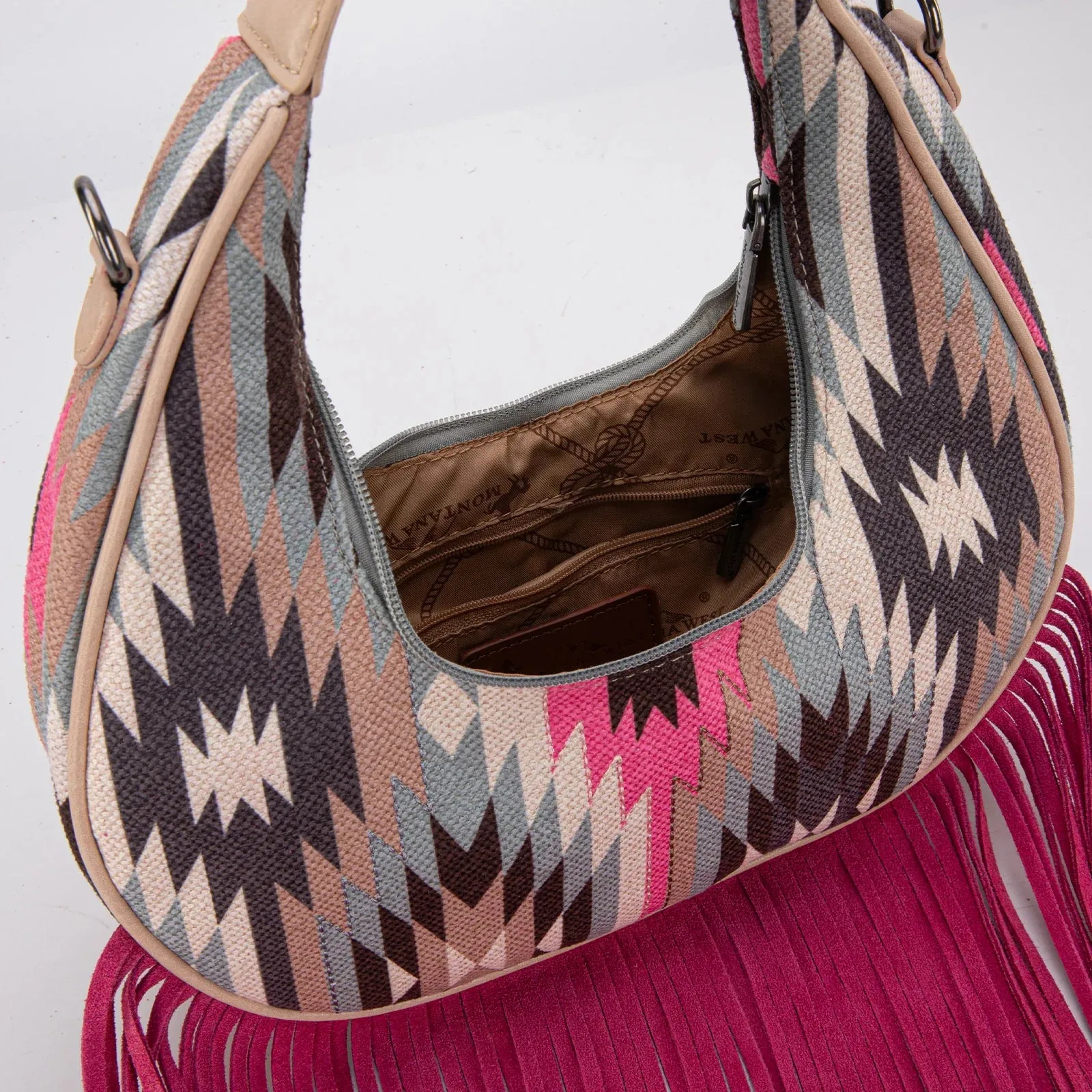 Pink Aztec Fringe Crescent Crossbody Bag - MW1285-8366HPK