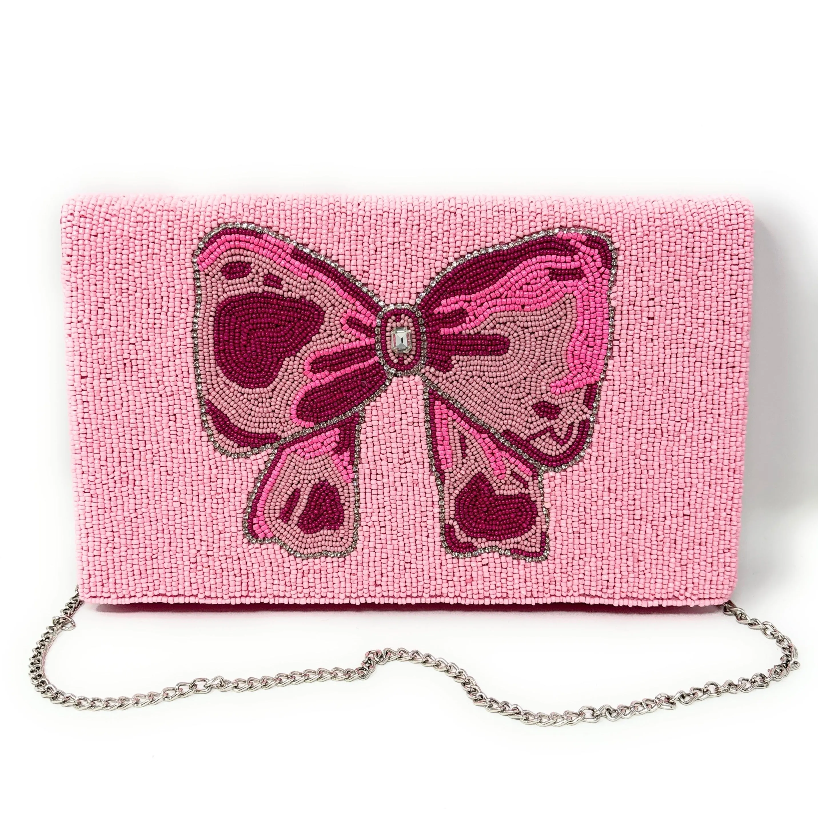 Pink Bow Beaded Clutch Purse