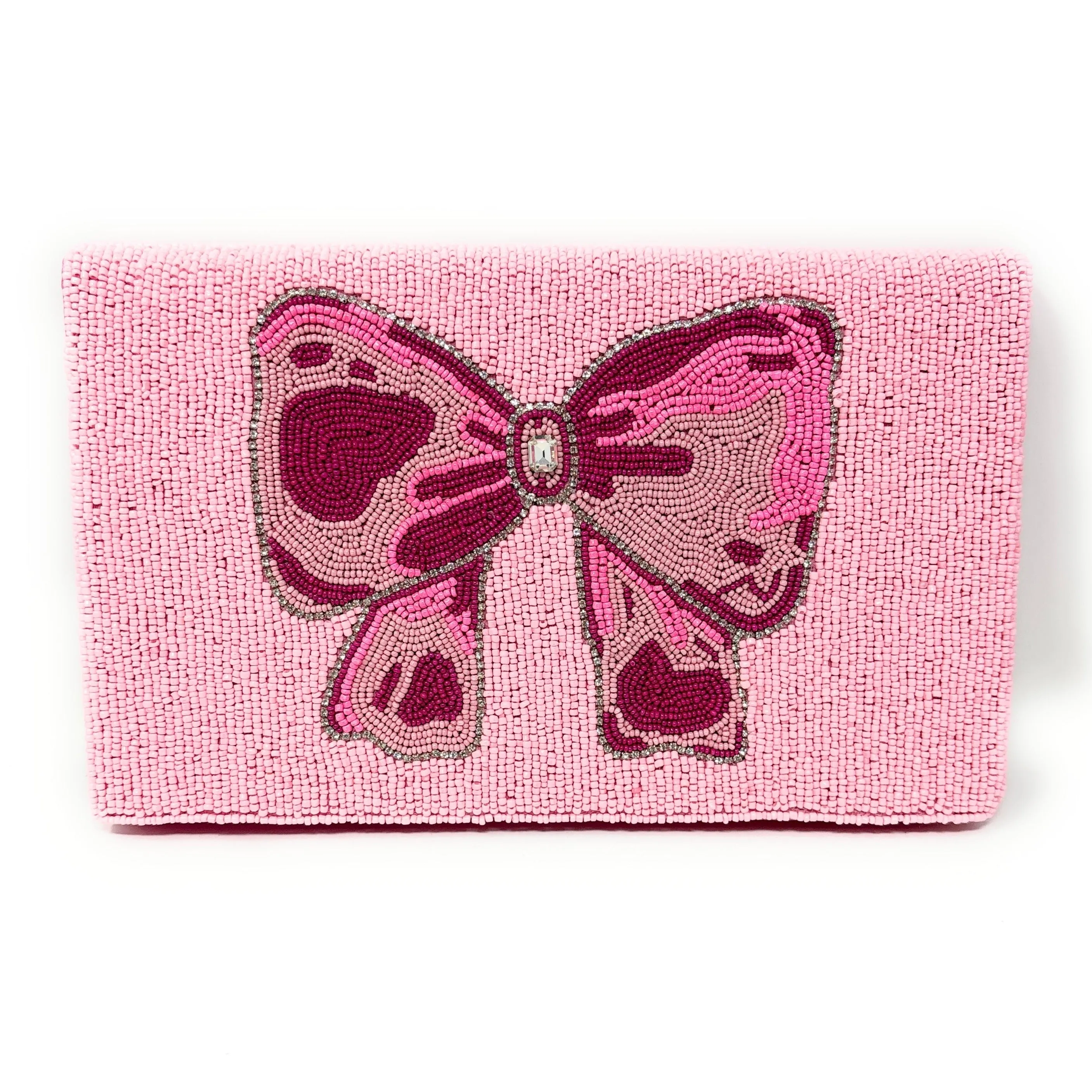 Pink Bow Beaded Clutch Purse