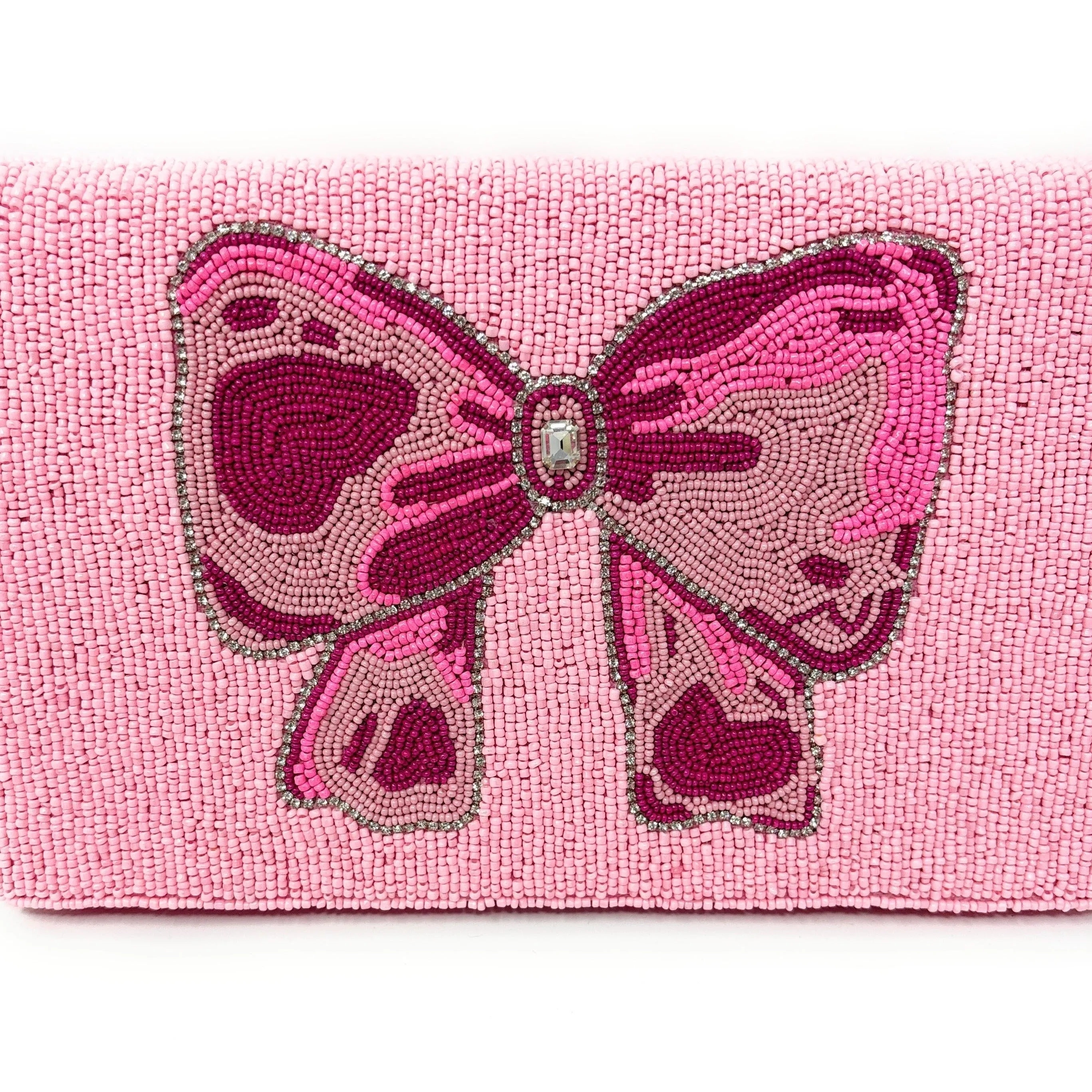 Pink Bow Beaded Clutch Purse