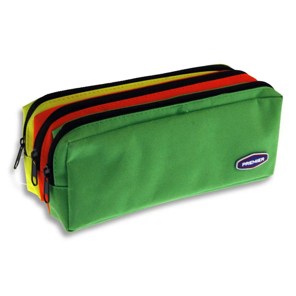 Premier 3 Pocket Zip Pencil Case - Green, Orange and Yellow