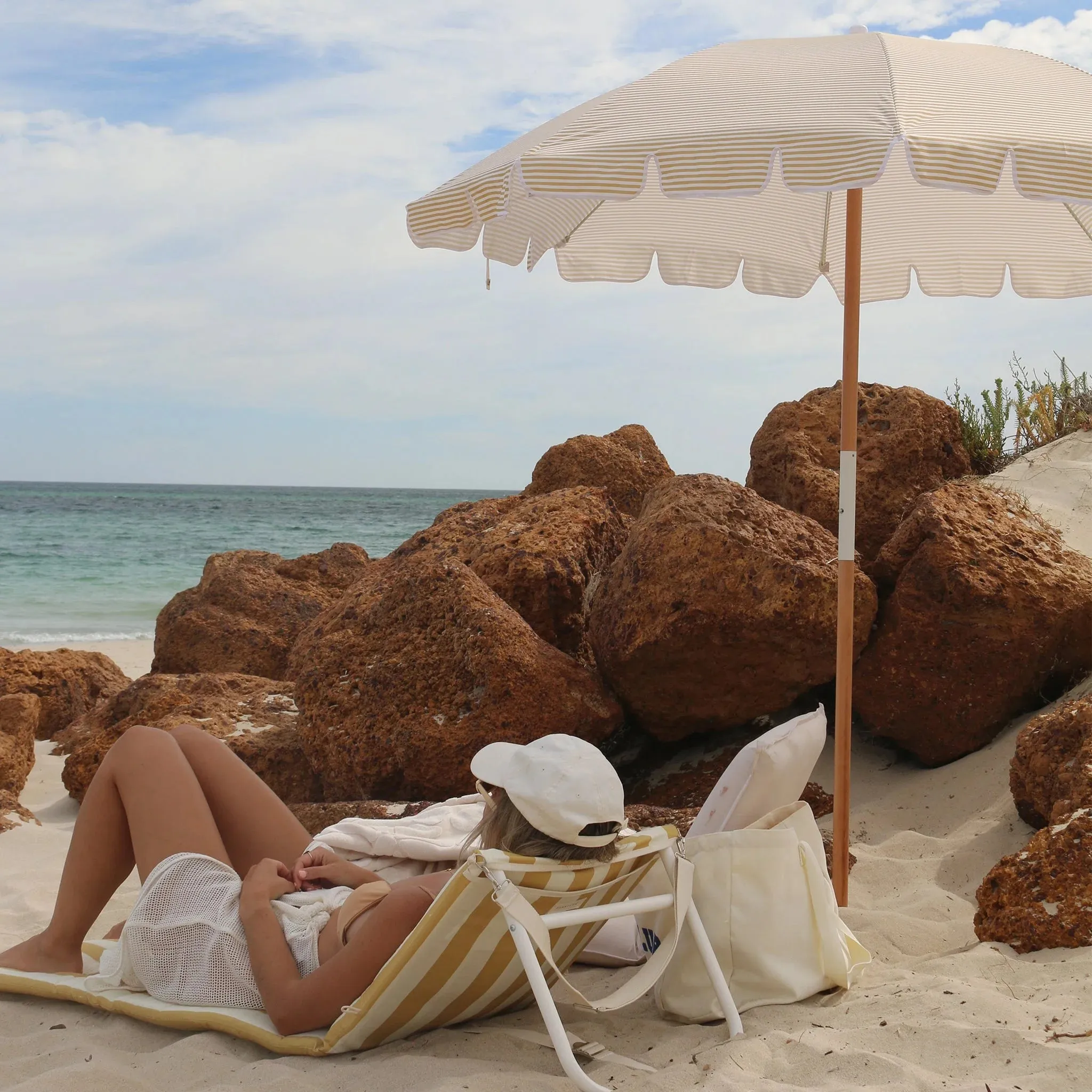 Reclining Beach Chair | Mango Bay Golden Mustard Stripe